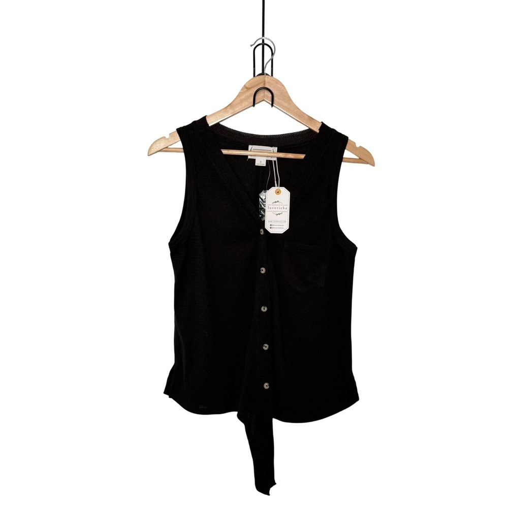 Loveriche Womens Tank Top S Black Button Front Tie Hem Waffle Knit LT24574
